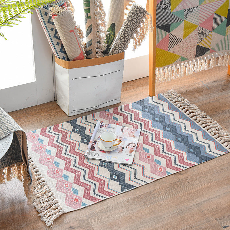 Sikunuo | Western Bedroom Rug Multicolored Geometric Print Rug Polyester Handwoven Pet-Friendly Area Rug with Fringes
