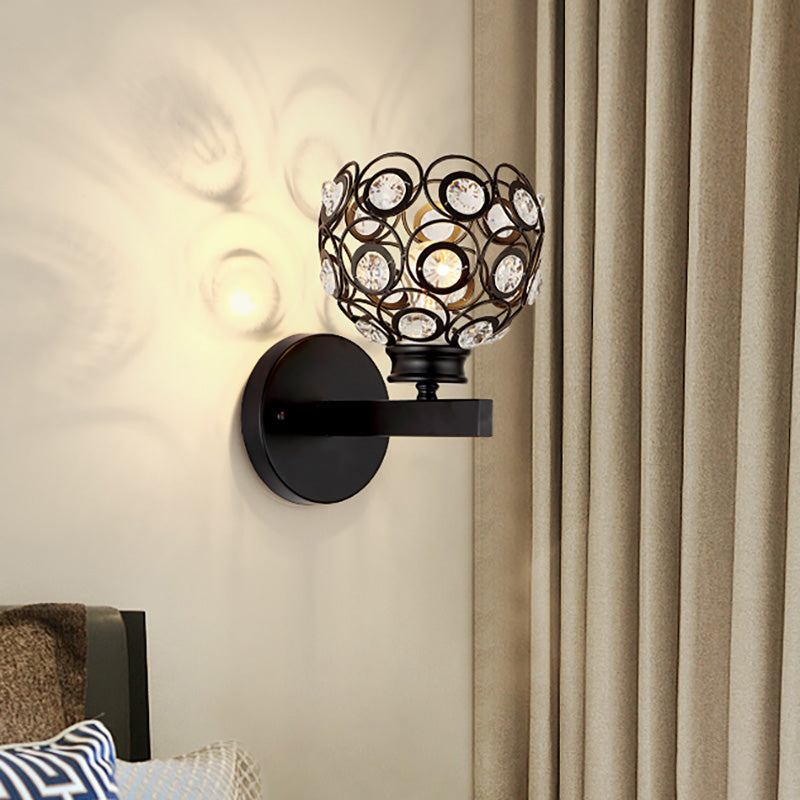 Sikunuo | Dome Clear Crystal Wall Lamp Modernist Style 1 Bulb Black/Brass Finish Wall Lighting Fixture for Bedroom