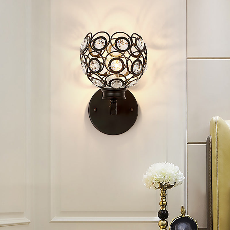 Sikunuo | Dome Clear Crystal Wall Lamp Modernist Style 1 Bulb Black/Brass Finish Wall Lighting Fixture for Bedroom