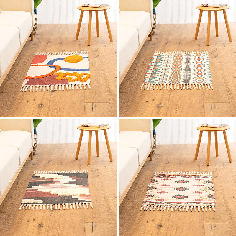 Sikunuo | Classic living room carpet Colorful geometric printed carpet washable woven rug with tassels