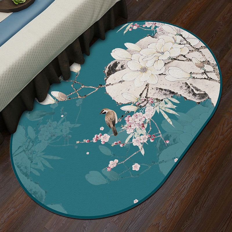 Sikunuo | Multi-Color Chinoiserie Area Rug Synthetic Flower and Bird Print Rug Non-Slip Back Pet-Friendly Rug for Bedroom
