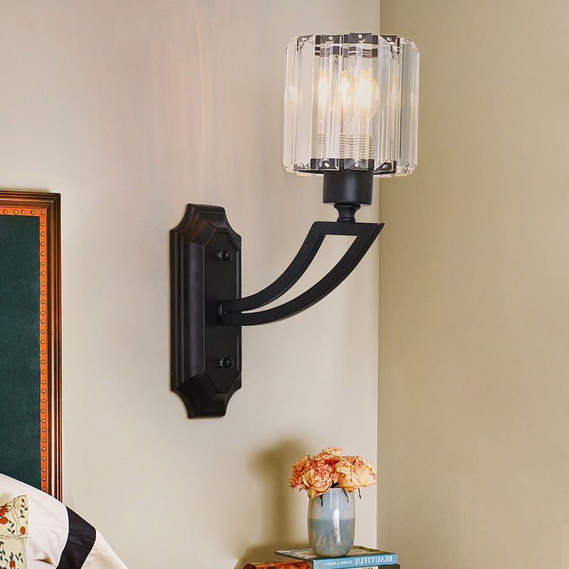 Sikunuo | Cylindrical Clear Crystal Wall Lamp Modernist Style 1 Light Black/Gold Finish Wall Lighting Fixture with Curved Arm