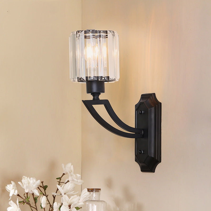 Sikunuo | Cylindrical Clear Crystal Wall Lamp Modernist Style 1 Light Black/Gold Finish Wall Lighting Fixture with Curved Arm