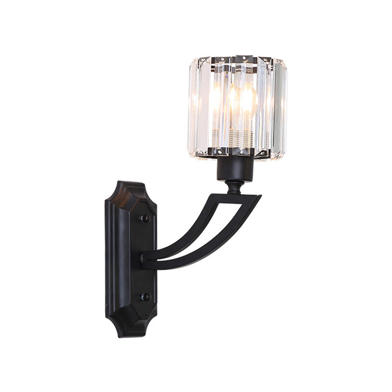 Sikunuo | Cylindrical Clear Crystal Wall Lamp Modernist Style 1 Light Black/Gold Finish Wall Lighting Fixture with Curved Arm