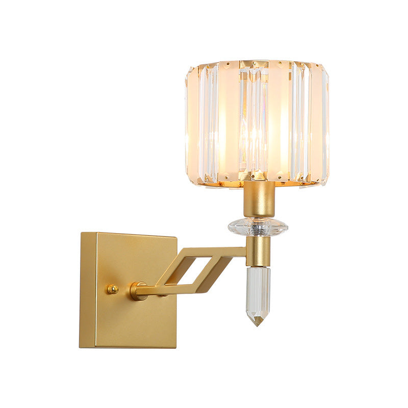 Sikunuo | Cylindrical Clear Crystal Wall Lamp Modernist Style 1 Light Black/Gold Finish Wall Lighting Fixture with Curved Arm
