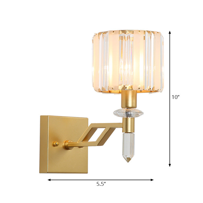 Sikunuo | Cylindrical Clear Crystal Wall Lamp Modernist Style 1 Light Black/Gold Finish Wall Lighting Fixture with Curved Arm