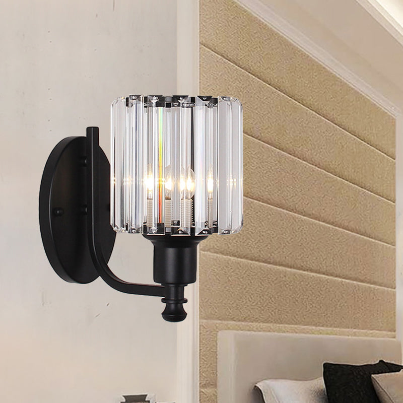 Sikunuo | Modernist Cylinder Wall Light Clear Crystal 1 Head Bedroom Wall Mounted Light with Curved Arm in Black/Gold