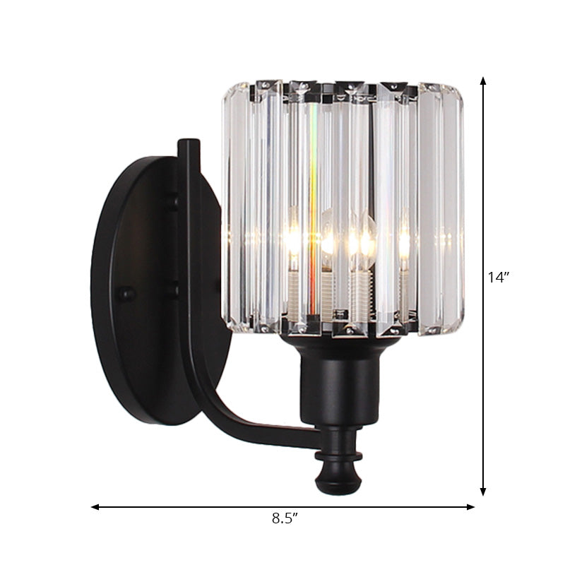 Sikunuo | Modernist Cylinder Wall Light Clear Crystal 1 Head Bedroom Wall Mounted Light with Curved Arm in Black/Gold