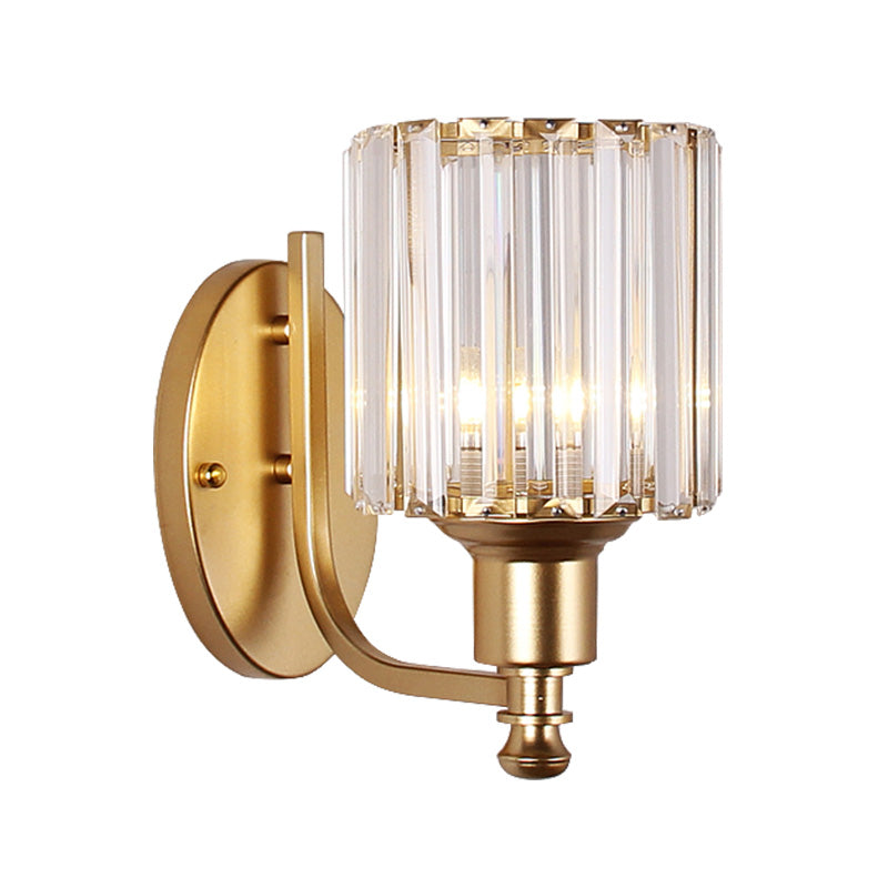 Sikunuo | Modernist Cylinder Wall Light Clear Crystal 1 Head Bedroom Wall Mounted Light with Curved Arm in Black/Gold