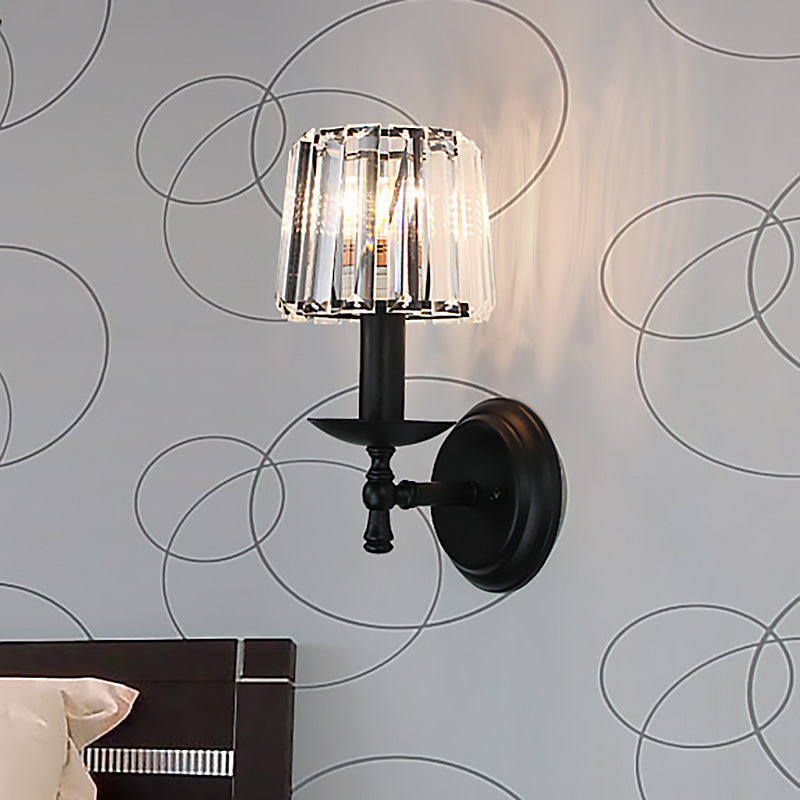 Sikunuo | Contemporary Cone Wall Lamp Clear Crystal 1 Head Nightstand Wall Sconces Light with Curved/Beam Arm in Black