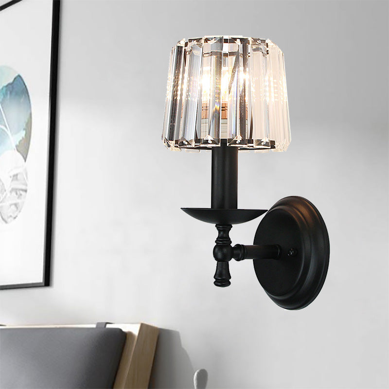 Sikunuo | Contemporary Cone Wall Lamp Clear Crystal 1 Head Nightstand Wall Sconces Light with Curved/Beam Arm in Black