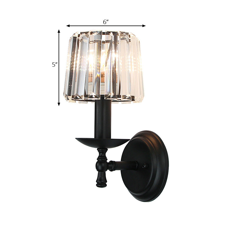Sikunuo | Contemporary Cone Wall Lamp Clear Crystal 1 Head Nightstand Wall Sconces Light with Curved/Beam Arm in Black