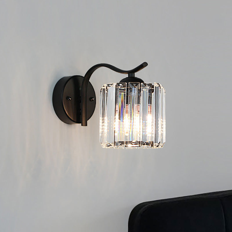 Sikunuo | Contemporary Cone Wall Lamp Clear Crystal 1 Head Nightstand Wall Sconces Light with Curved/Beam Arm in Black