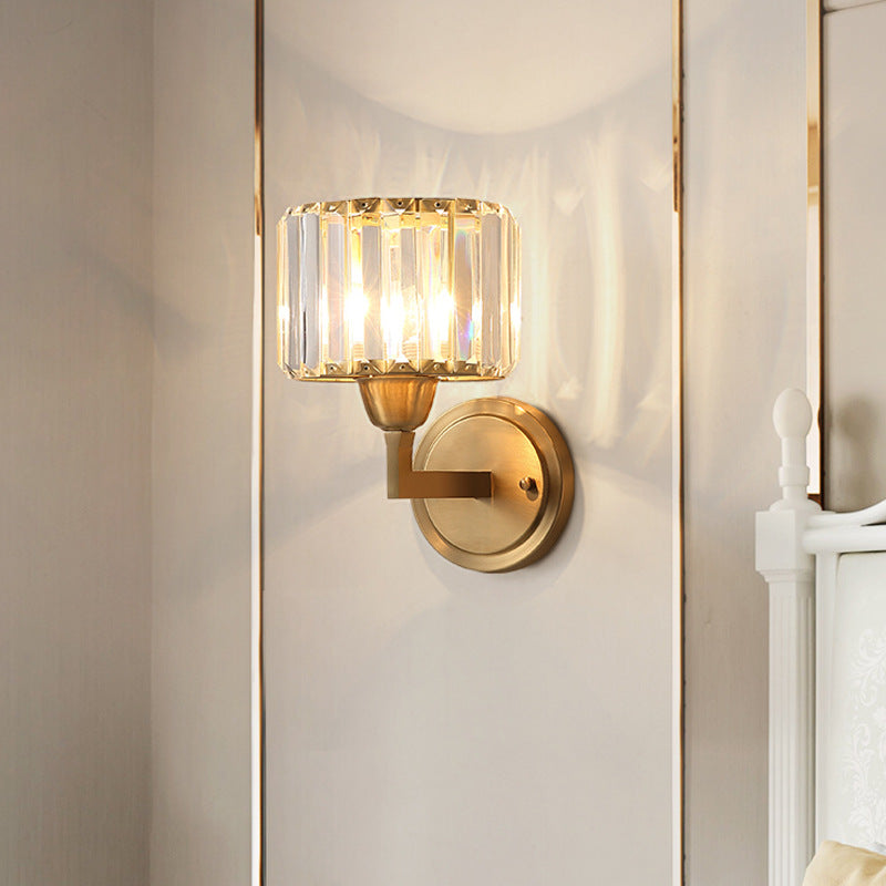 Sikunuo | Simple 1 Light Wall Mounted Lighting Brass Drum Wall Lamp with Crystal Shade