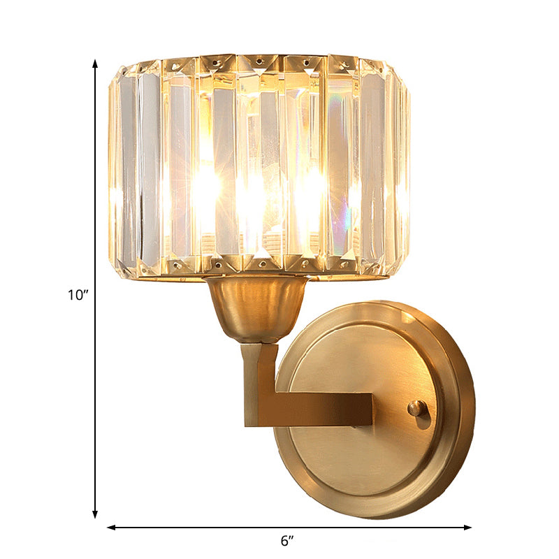 Sikunuo | Simple 1 Light Wall Mounted Lighting Brass Drum Wall Lamp with Crystal Shade