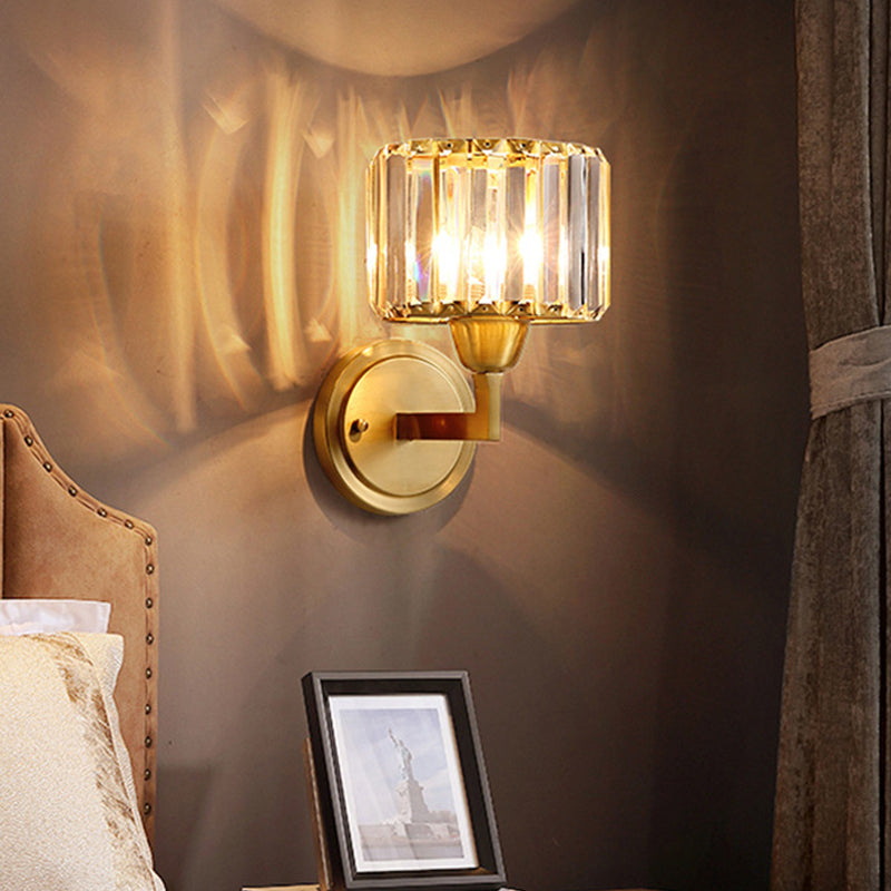 Sikunuo | Simple 1 Light Wall Mounted Lighting Brass Drum Wall Lamp with Crystal Shade