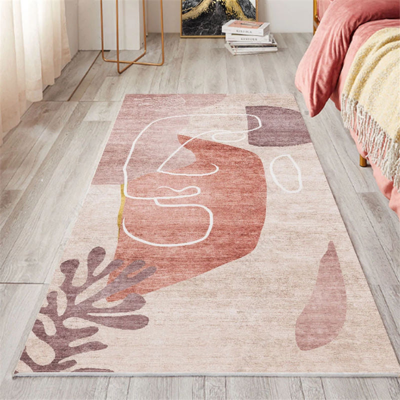 Sikunuo | Nordic Bedroom Carpet Multicolored Botanical Color Block Print Carpet Polyester Washable Non-slip Pet-friendly Carpet