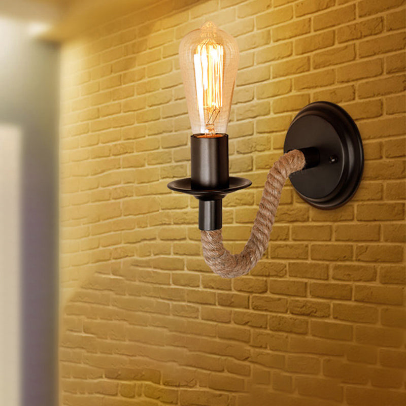 Sikunuo | Single Curved Arm Wall Lamp Rustic Brown Rope Wall Light Lighting with Exposed Bulb Design
