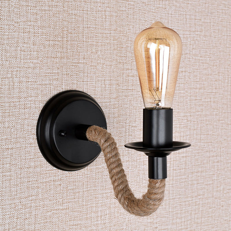 Sikunuo | Single Curved Arm Wall Lamp Rustic Brown Rope Wall Light Lighting with Exposed Bulb Design