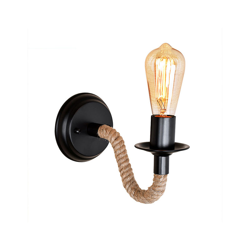 Sikunuo | Single Curved Arm Wall Lamp Rustic Brown Rope Wall Light Lighting with Exposed Bulb Design
