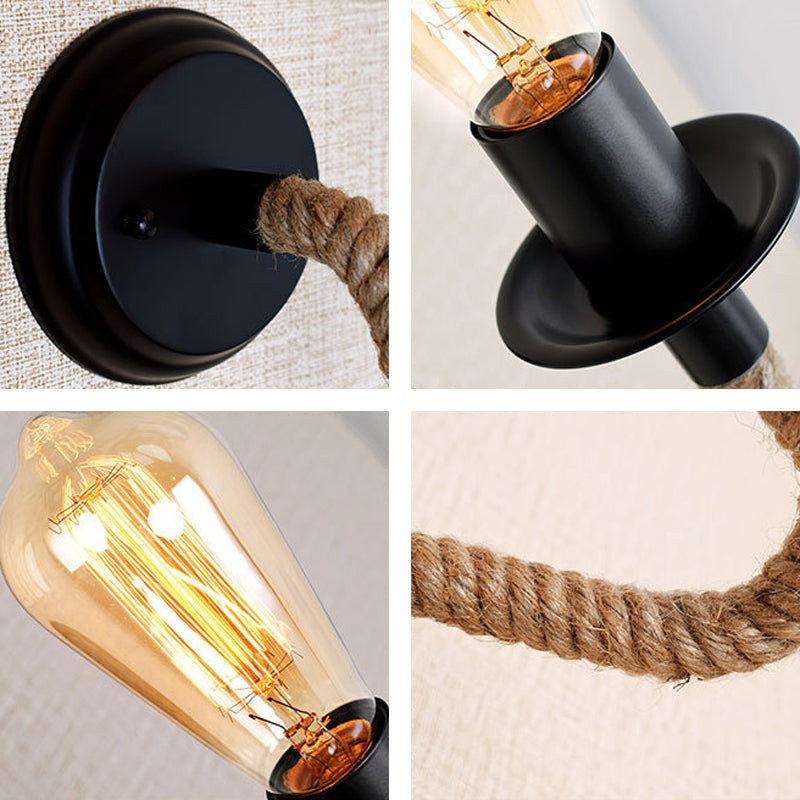 Sikunuo | Single Curved Arm Wall Lamp Rustic Brown Rope Wall Light Lighting with Exposed Bulb Design