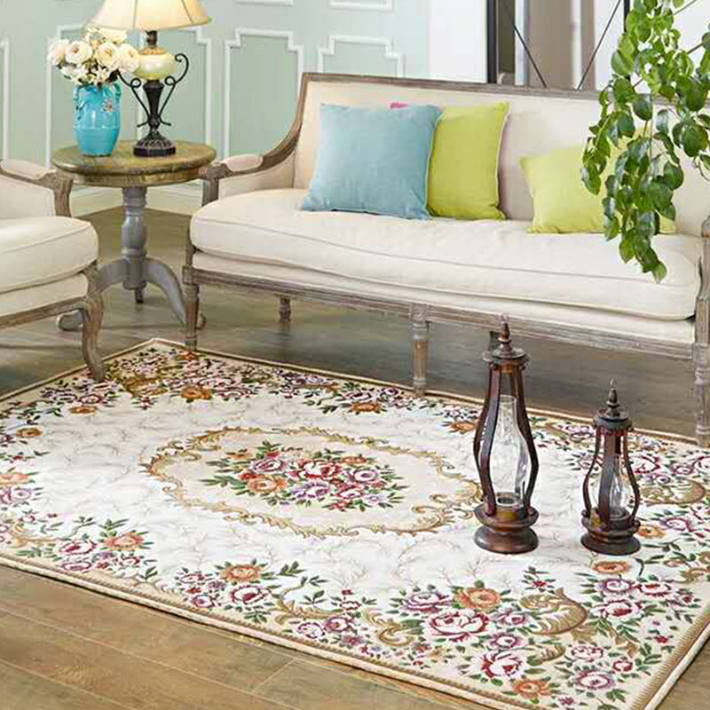 Sikunuo | Multicolored Living Room Carpet Nostalgia Floral Pattern Area Rug Synthetic Non-Slip Back Stain Resistant Carpet