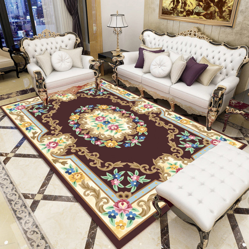Sikunuo | Multicolored parlor rug Nostalgia floral pattern area rug non-slip backing washable rug