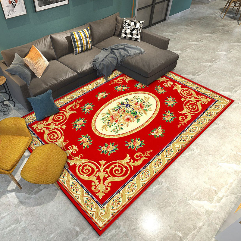 Sikunuo | Retro Living Room Rug Multicolored Flower Print Rug Polypropylene Non-Slip Backing Pet-Friendly Rug