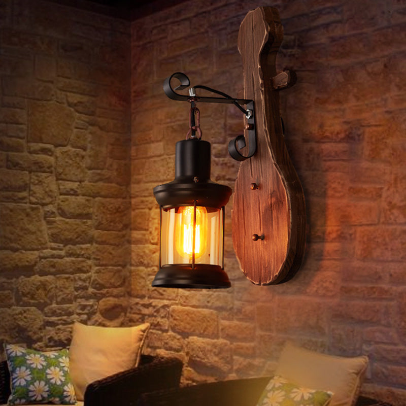 Sikunuo | Nautical Novelty Guitar Wall Light Fixture 1-Light Wooden Sconce with Lantern Lampshade