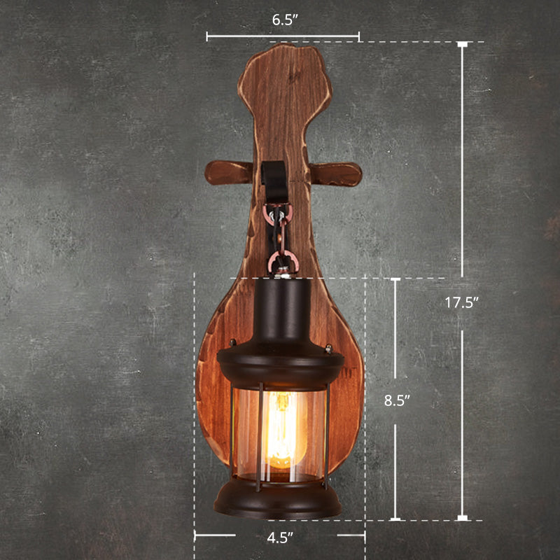 Sikunuo | Nautical Novelty Guitar Wall Light Fixture 1-Light Wooden Sconce with Lantern Lampshade