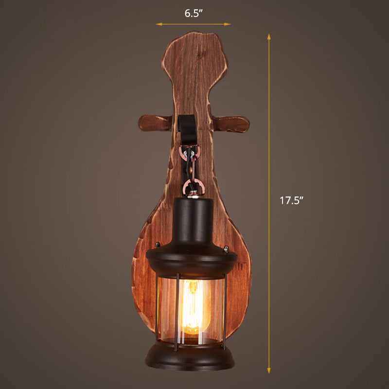 Sikunuo | Nautical Novelty Guitar Wall Light Fixture 1-Light Wooden Sconce with Lantern Lampshade