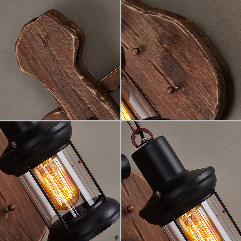 Sikunuo | Nautical Novelty Guitar Wall Light Fixture 1-Light Wooden Sconce with Lantern Lampshade