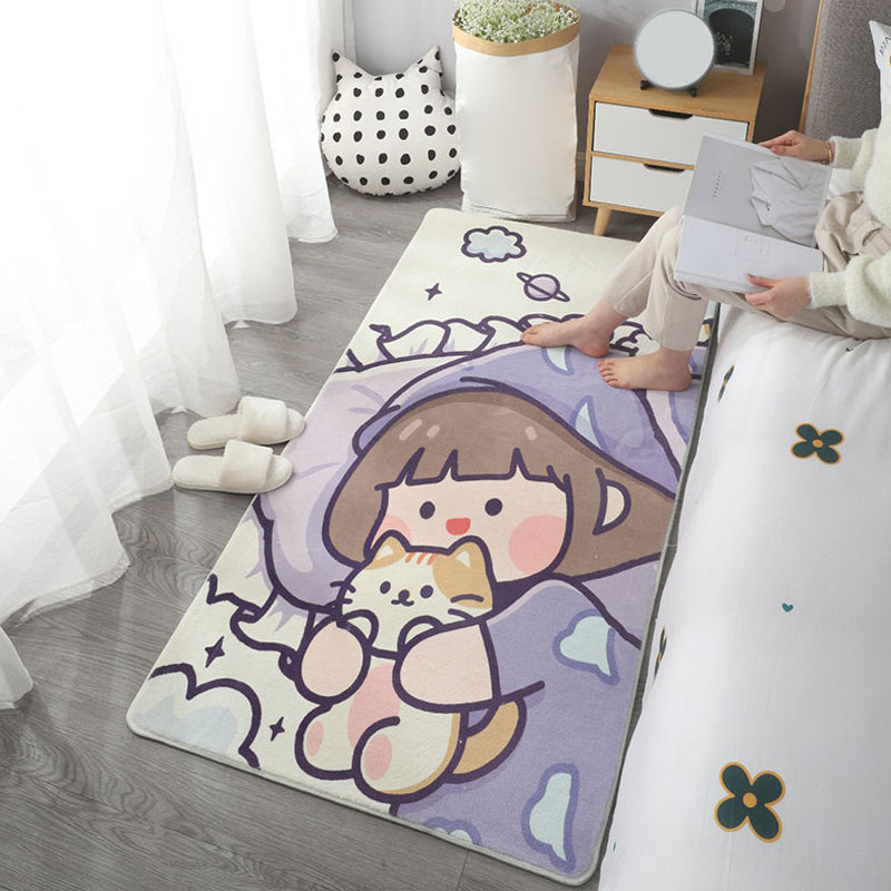 Sikunuo | Multicolored simple rug made of polyester with cartoon pattern Non-slip backing Stain-resistant rug for the bedroom