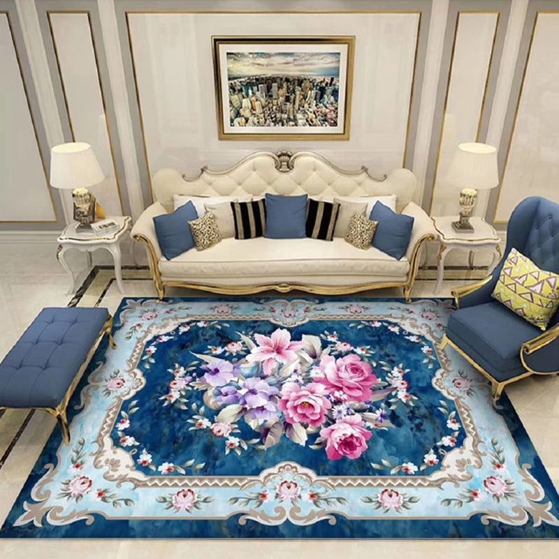 Sikunuo | Chinoiserie Flower Rug Multicolor Polypropylene Area Rug Non-Slip Back Pet-Friendly Easy Care Indoor Rug for Living Room