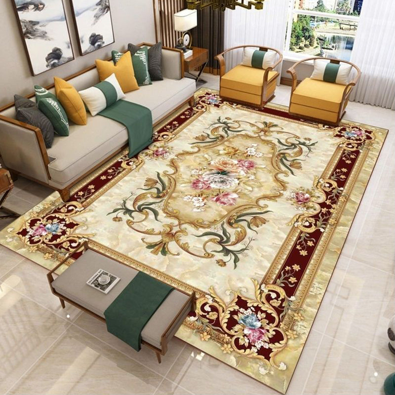 Sikunuo | Nostalgia Living Room Rug Multi Color Flower Print Area Rug Synthetic Non-Slip Backing Easy Care Indoor Rug