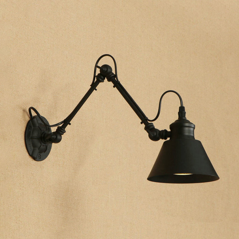 Sikunuo | 1 Head Cone-Shaped Wall Mount Retro Style Black/Chrome Metal Swing Arm Wall Light for the Study