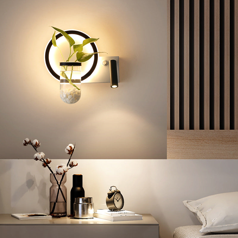 Sikunuo | Decorative Loop-shaped Wall Lamp Metal LED Wall Lamp with Spot and Plant Pot in Black-White
