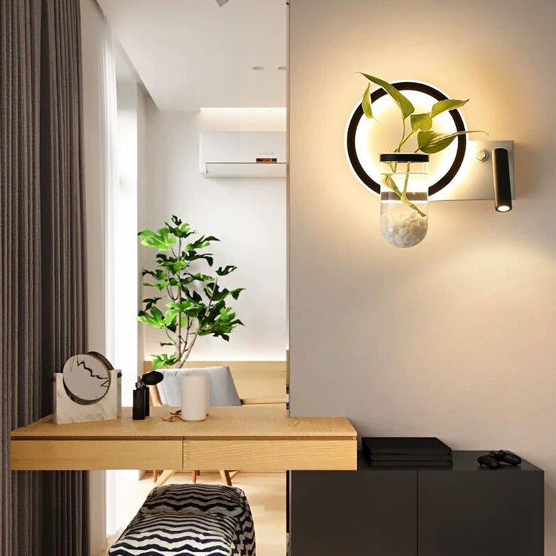 Sikunuo | Decorative Loop-shaped Wall Lamp Metal LED Wall Lamp with Spot and Plant Pot in Black-White
