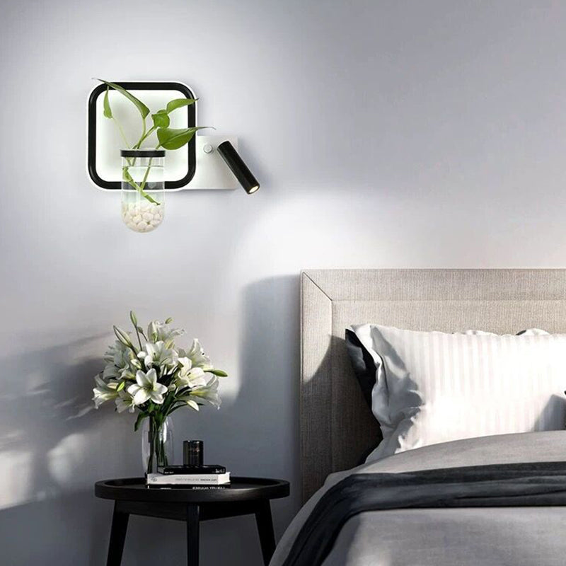 Sikunuo | Decorative Loop-shaped Wall Lamp Metal LED Wall Lamp with Spot and Plant Pot in Black-White