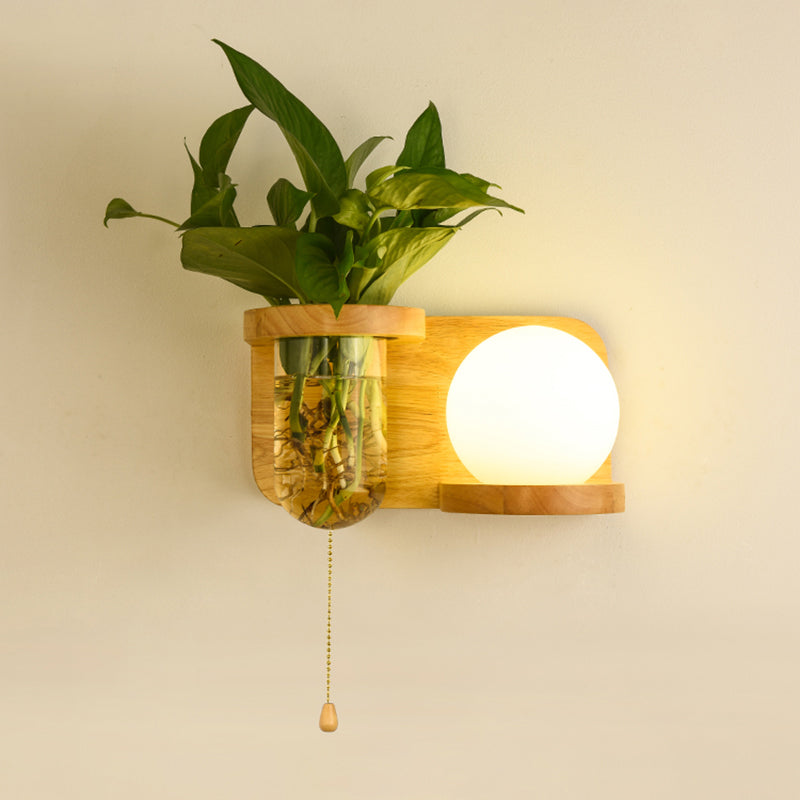 Sikunuo | Milk Glass Ball Wall Lighting Nordic 1-Light Nightstand Pull Cord Wall Lamp with Wooden Shelf and Planter
