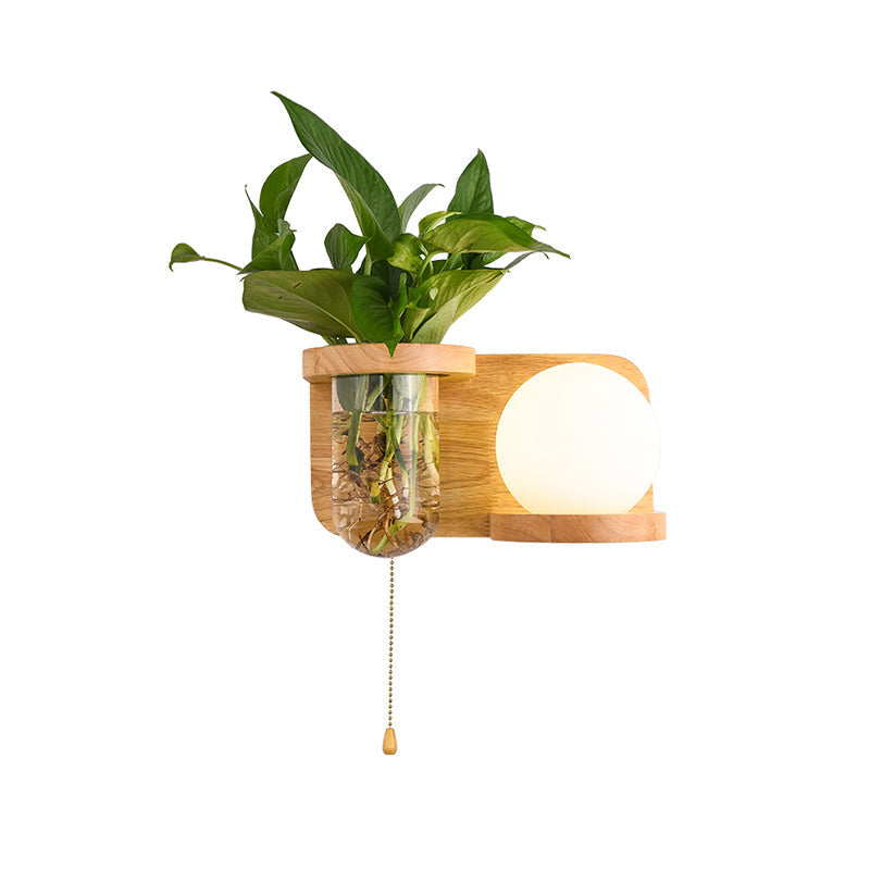 Sikunuo | Milk Glass Ball Wall Lighting Nordic 1-Light Nightstand Pull Cord Wall Lamp with Wooden Shelf and Planter