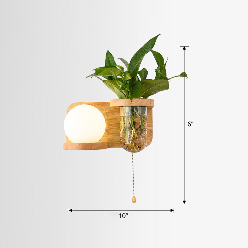 Sikunuo | Milk Glass Ball Wall Lighting Nordic 1-Light Nightstand Pull Cord Wall Lamp with Wooden Shelf and Planter