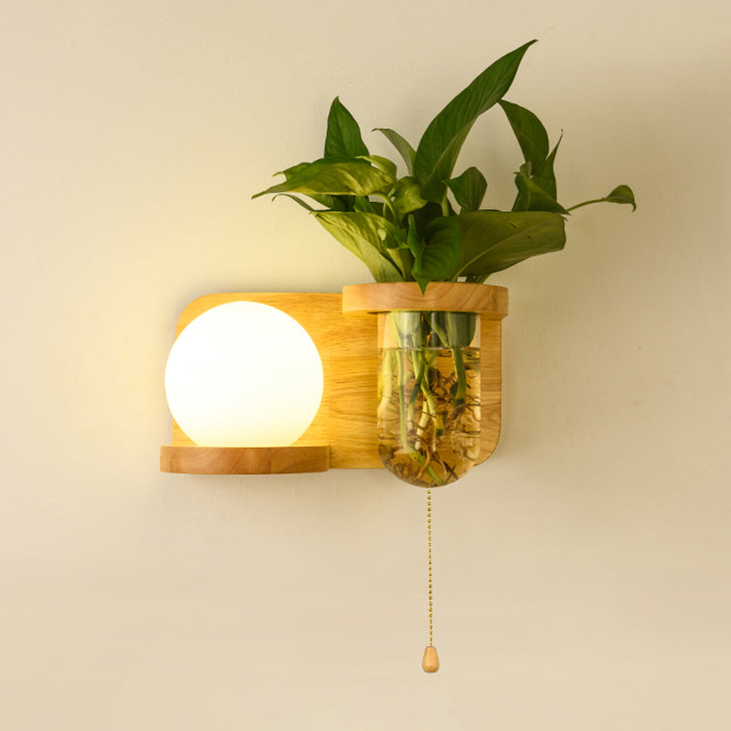 Sikunuo | Milk Glass Ball Wall Lighting Nordic 1-Light Nightstand Pull Cord Wall Lamp with Wooden Shelf and Planter