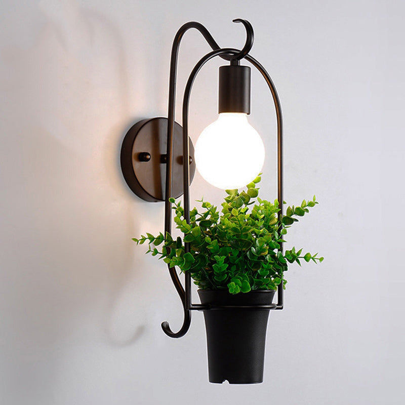 Sikunuo | Black-Green Faux Bonsai Wall Lamp Nordic Metal 1-Light Bedroom Wall Light Fixture