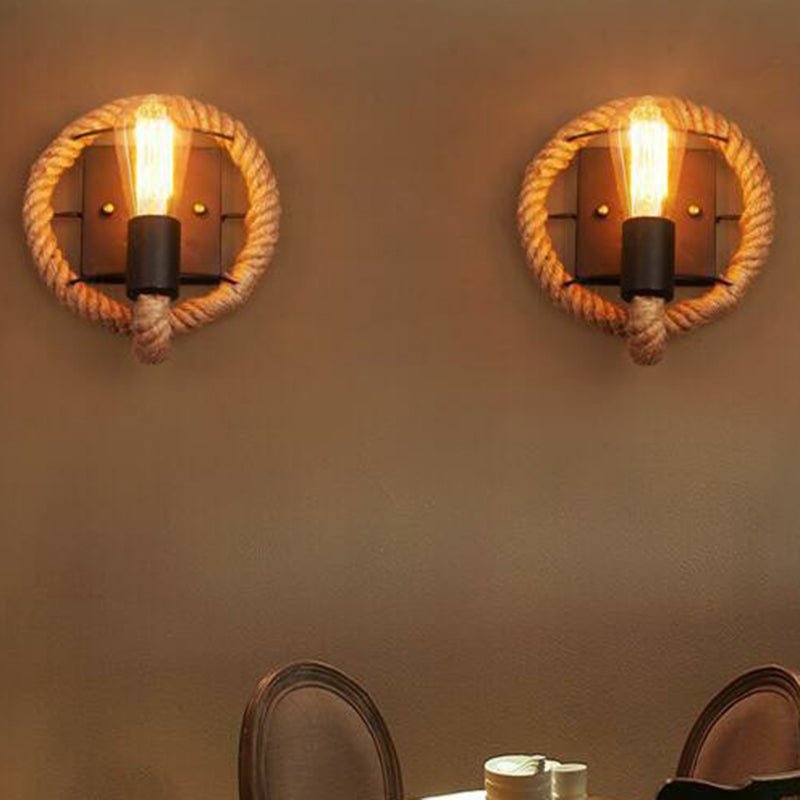 Sikunuo | Metal Open Bulb Wall Lamp Country House 1 Main Corridor Wall Lamp with Rope Ring in Brown