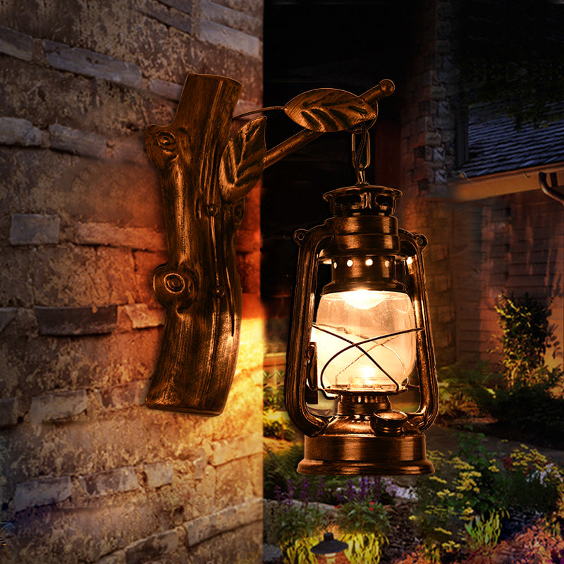 Sikunuo | Rustic Oil Lantern Wall Lighting 1 Head Clear Glass Wall Lamp in Black for Corridor