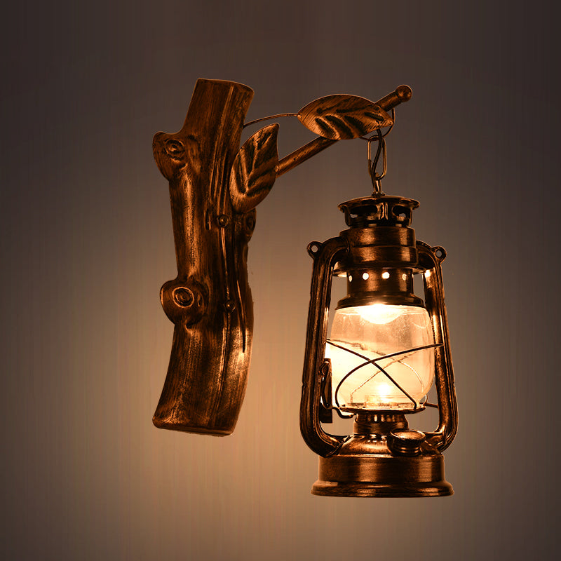 Sikunuo | Rustic Oil Lantern Wall Lighting 1 Head Clear Glass Wall Lamp in Black for Corridor