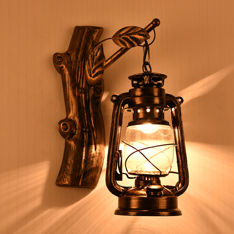 Sikunuo | Rustic Oil Lantern Wall Lighting 1 Head Clear Glass Wall Lamp in Black for Corridor