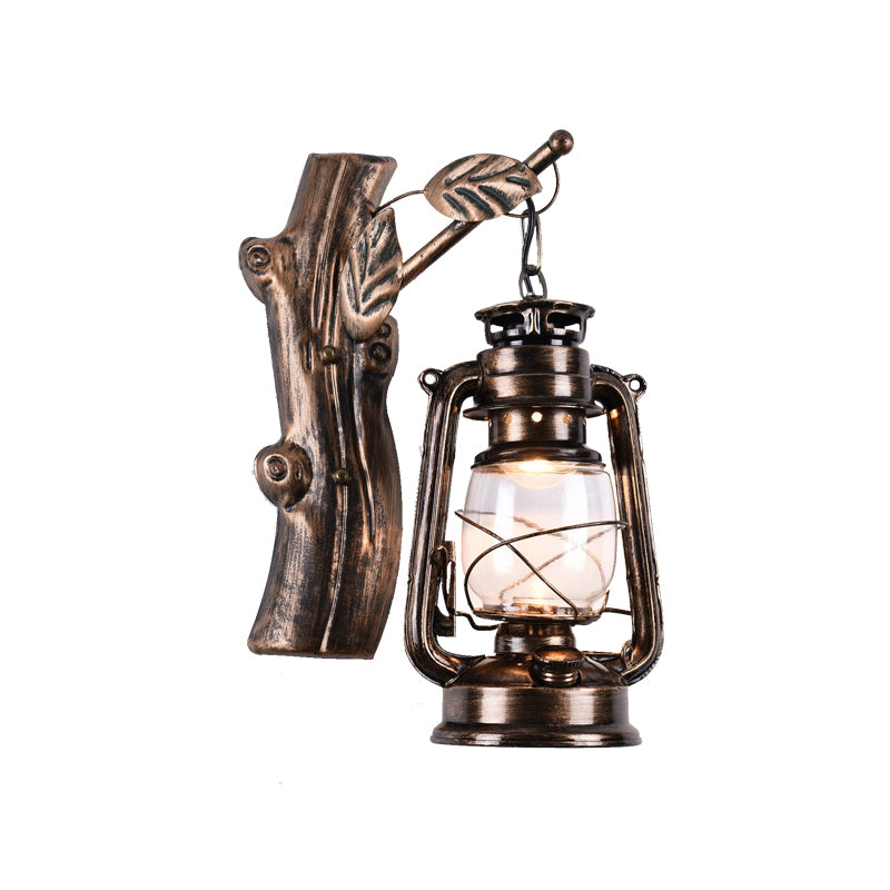 Sikunuo | Rustic Oil Lantern Wall Lighting 1 Head Clear Glass Wall Lamp in Black for Corridor