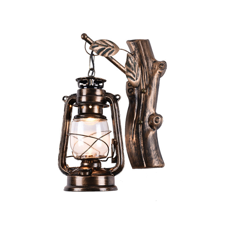 Sikunuo | Rustic Oil Lantern Wall Lighting 1 Head Clear Glass Wall Lamp in Black for Corridor